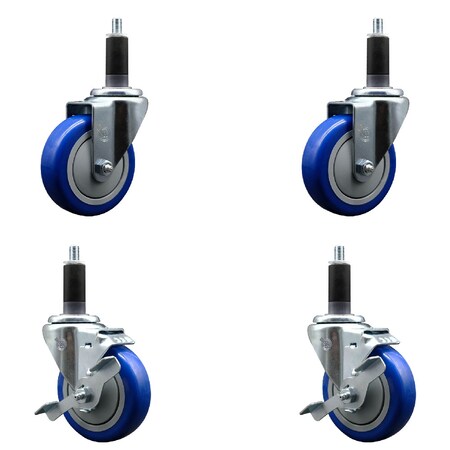 Service Caster 4'' SS Blue Poly Wheel Swivel 1-1/8'' Expanding Stem Caster Set 2 Brakes, 4PK SCC-SSEX20S414-PPUB-BLUE-2-TLB-2-118